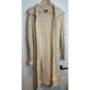FYLO Womens 100% Cashmere Cable Knit Duster Cardigan Sweater cottagecore M